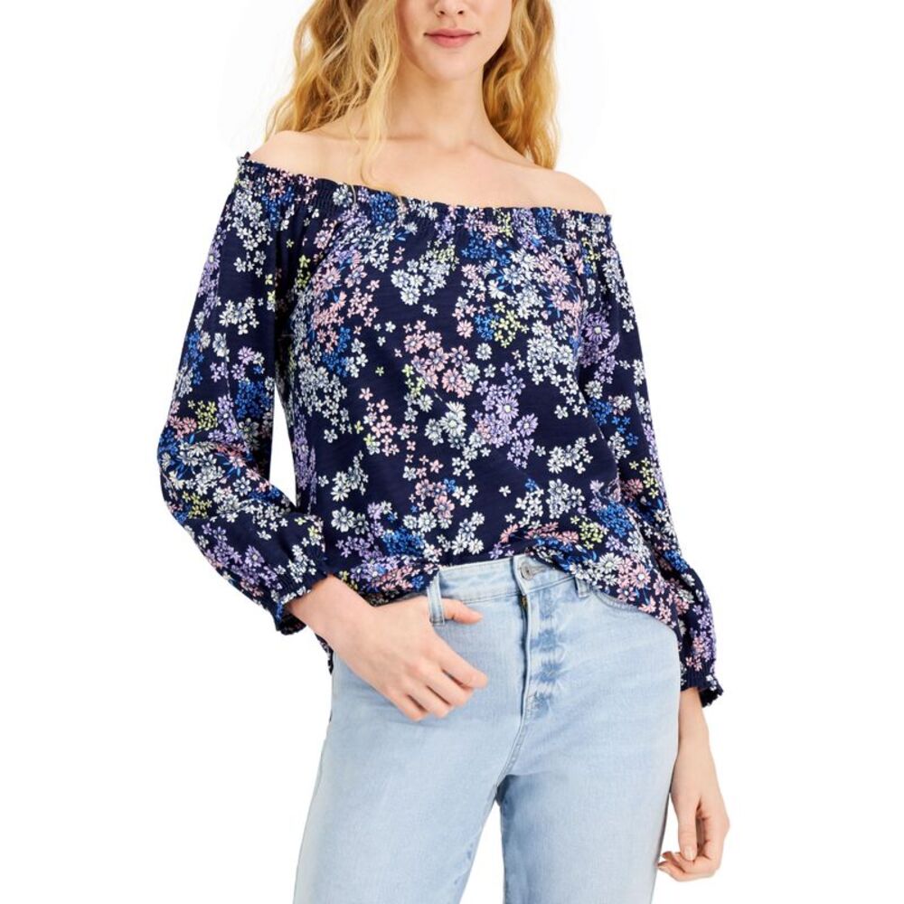 Style & Co Petite Winter Daisy Off The Shoulder Top